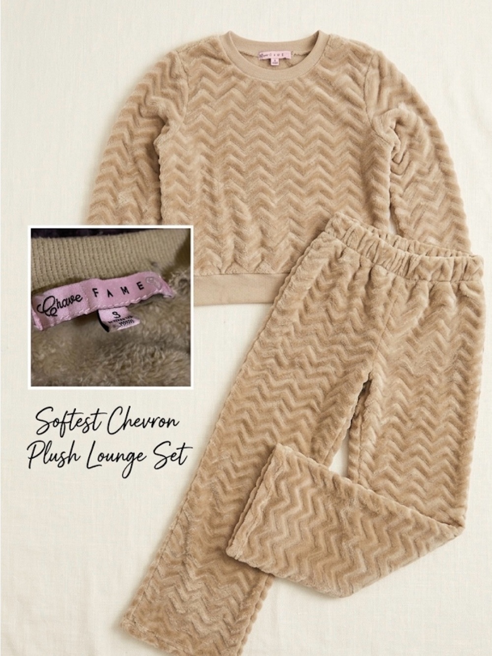 Crave Fame Chevron Plush Pajama Set - Beige